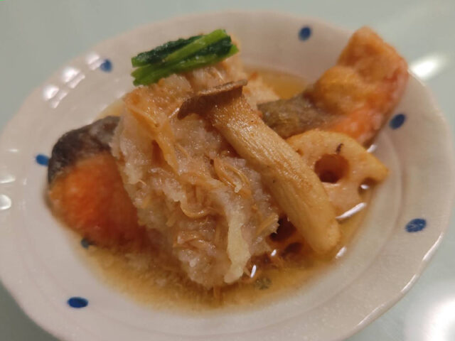 秋鮭,アキアジ,根菜の揚げ出し・なめ茸おろし,レシピ,釣果メシ