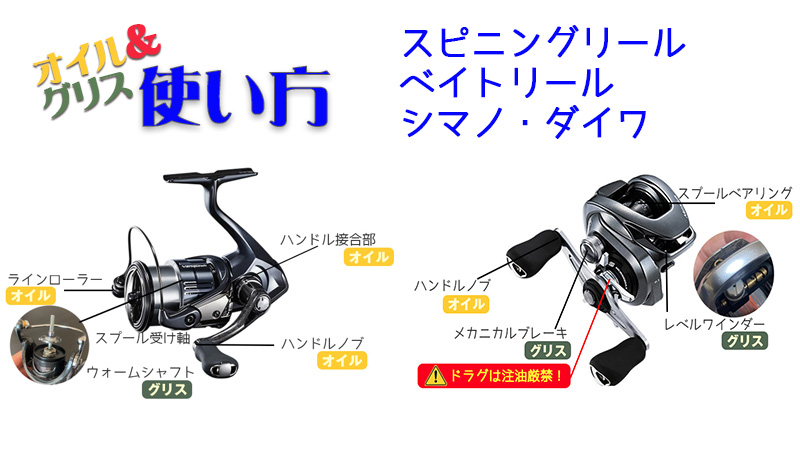 リール,オイル,グリス,使い方,スピニングリールベイトリール,シマノ,ダイワ